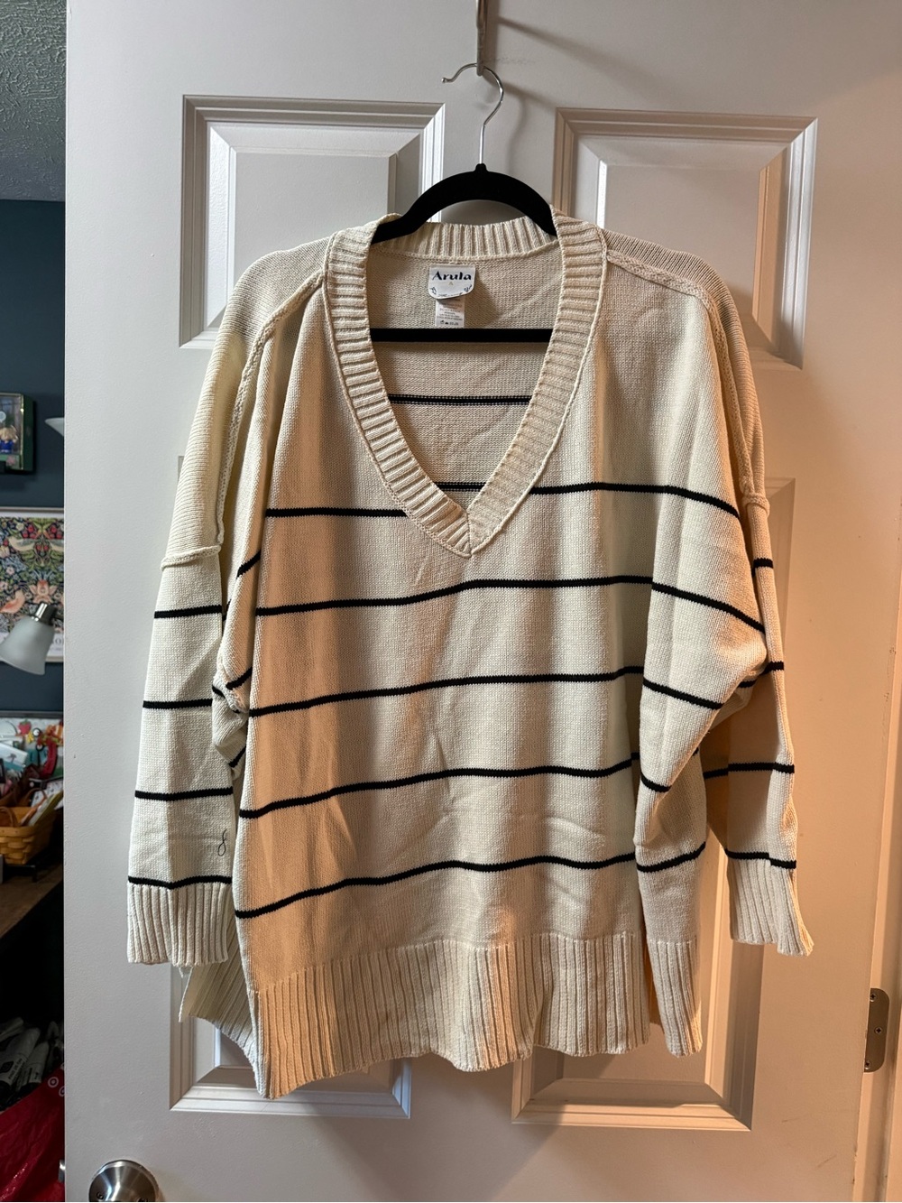 ARULA Cream V-Neck Sweater with Black Stripes - Relaxed Fit